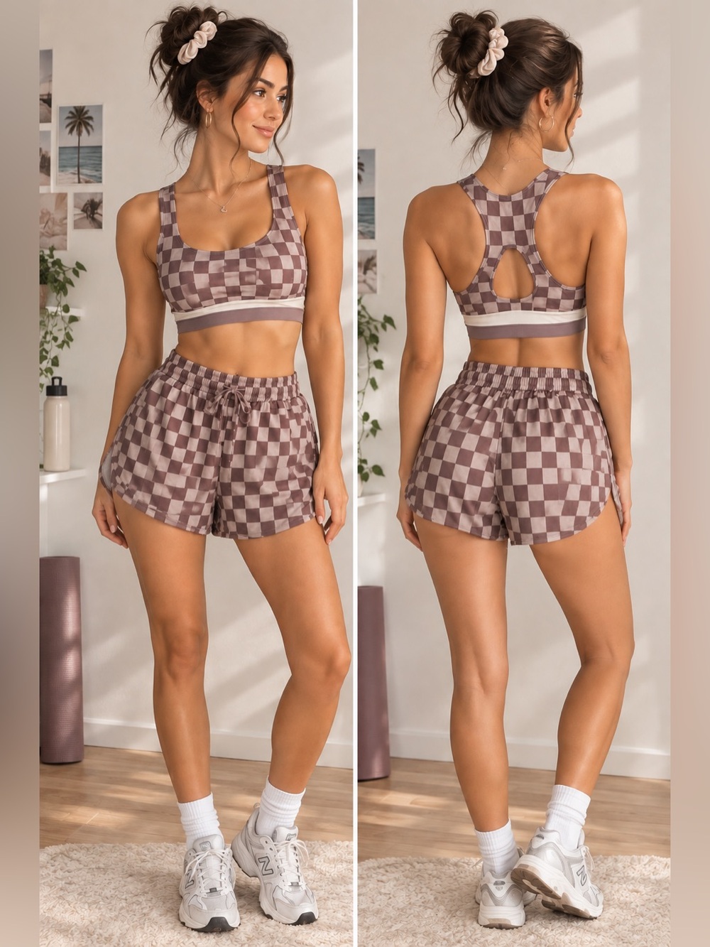 Women’s Small Brown Checkerboard Athletic Set 2pc Sports Bra Running Shorts